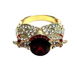 Chunky vintage cocktail ring gold setting red stone white rhinestones size 8